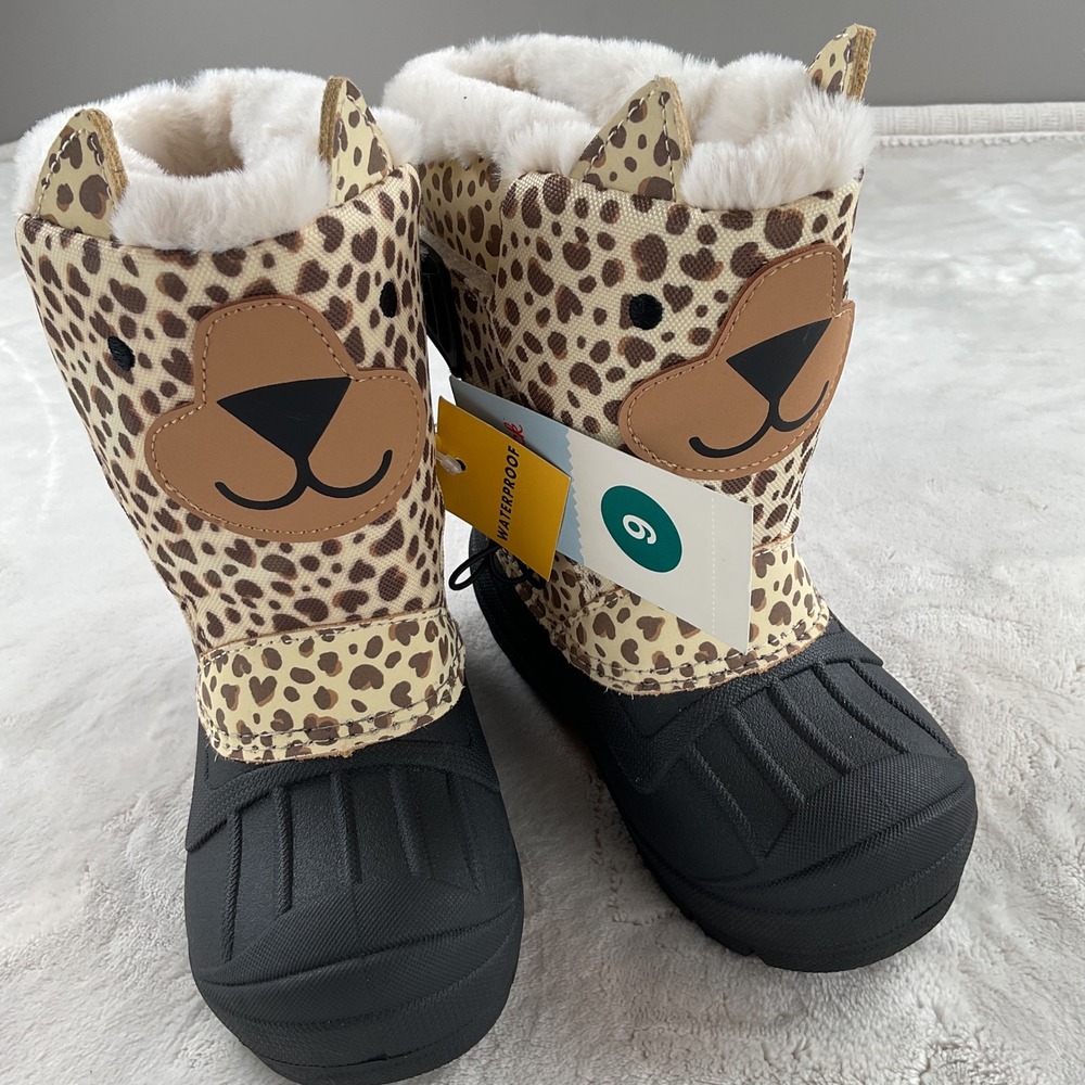 Cat & Jack Frankie Leopard Print Waterproof Snow Boots Kids Size 9 Tan Black